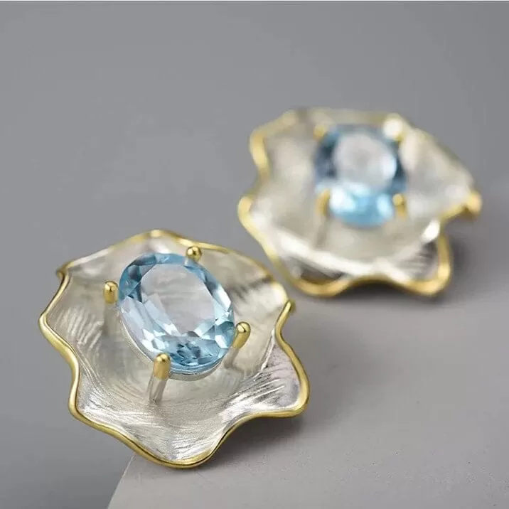 Vintage Baroque Style Topaz Citrine Gemstone Curled Leaf Stud Earrings - 925 Sterling Silver