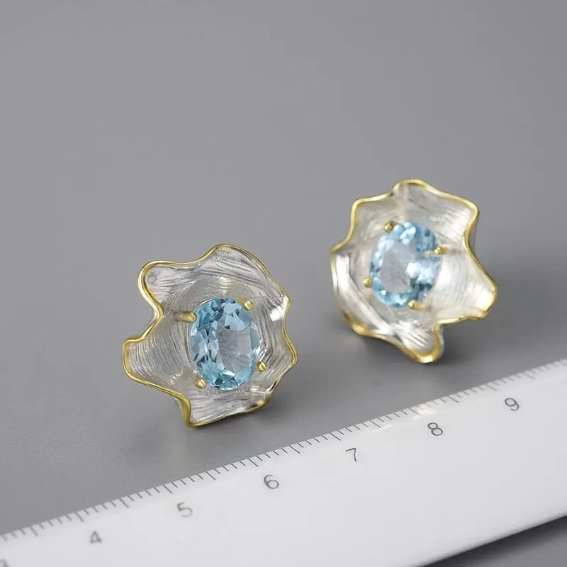 Vintage Baroque Style Topaz Citrine Gemstone Curled Leaf Stud Earrings - 925 Sterling Silver