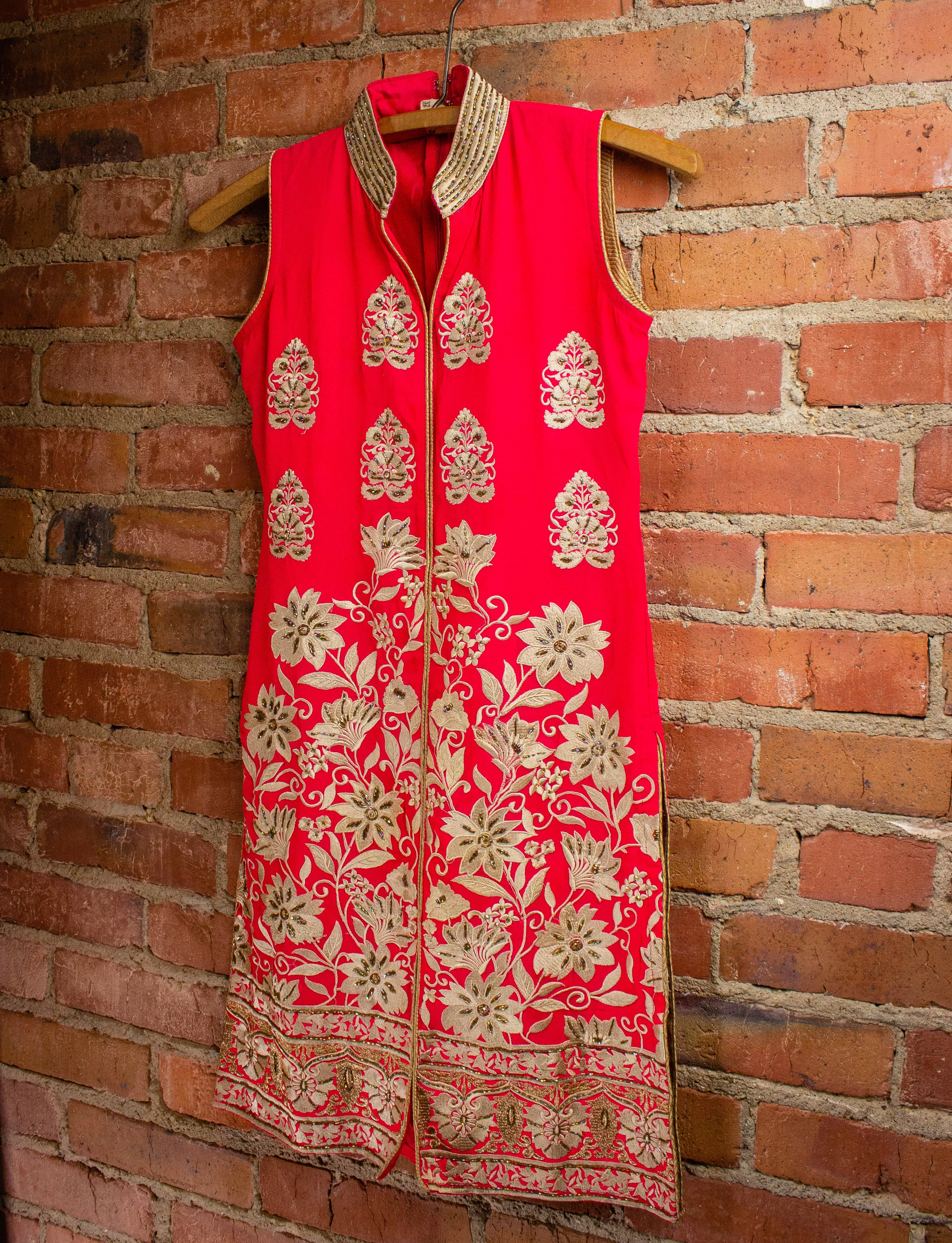 Vintage Fuschia Oriental Beaded Dress 1960s S