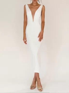 White open back slit dress