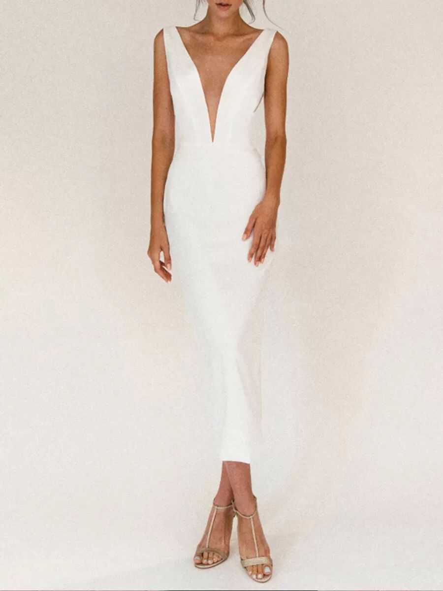 White open back slit dress