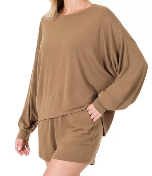 WOMEN KHAKI T-SHIRT OVERSIZED DROP SHOULDER SHORT OUTFIT SET