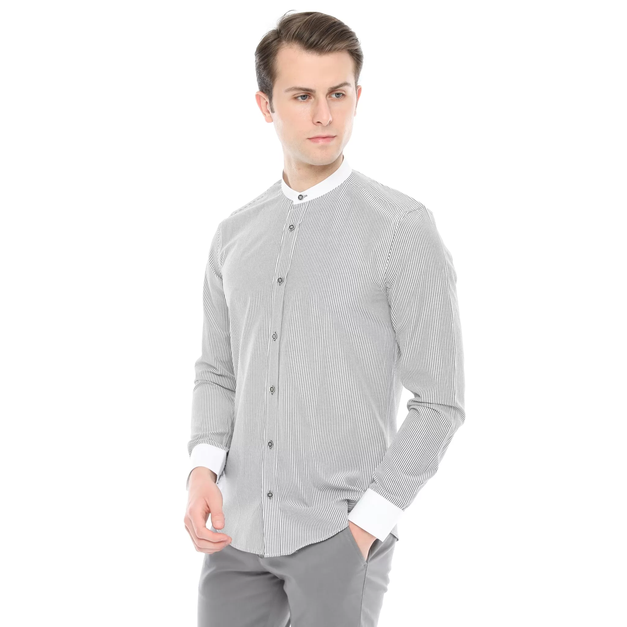 Xact Mens White Collar Striped Grandad Shirt - Long Sleeved